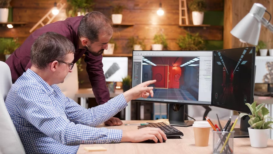 graphic designer gaming industry talking detail with his colleague analyzing design level explaining production creative ideas game