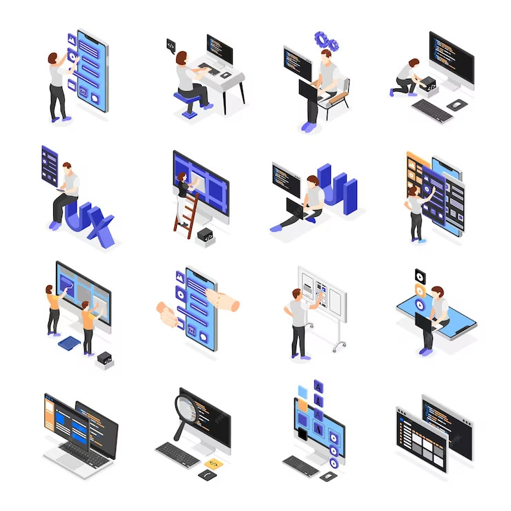 user interface development website mobile app isometric set with people creating new forms isolated vector illustration