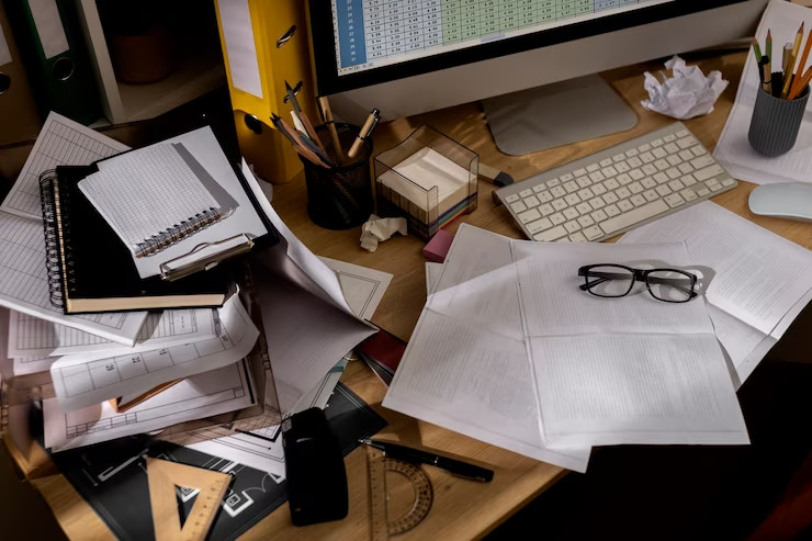 view messy office workspace with personal