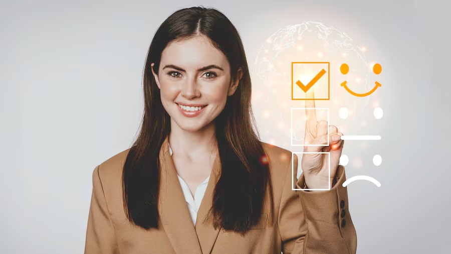 young business woman checking satisfaction checklist box space
